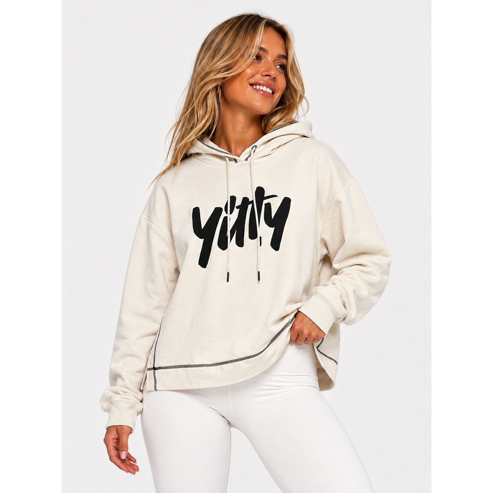 Yitty Cream Cropped Logo Lounge Relaxed Hoodie Sweatshirt L
